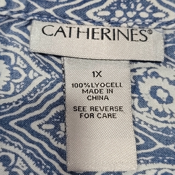 Catherine's 1X 100% Lyocell Geometric Blue White Button Up Shacket Boho Office - Picture 8 of 8